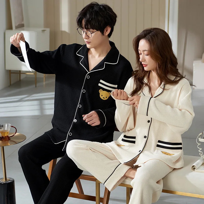 Cotton Sleepwear For Couples Korean Cardigan Men Pijamas Women Pajamas Set Long Sleep Tops Pant Nightwear Pjs pareja hombre 240713