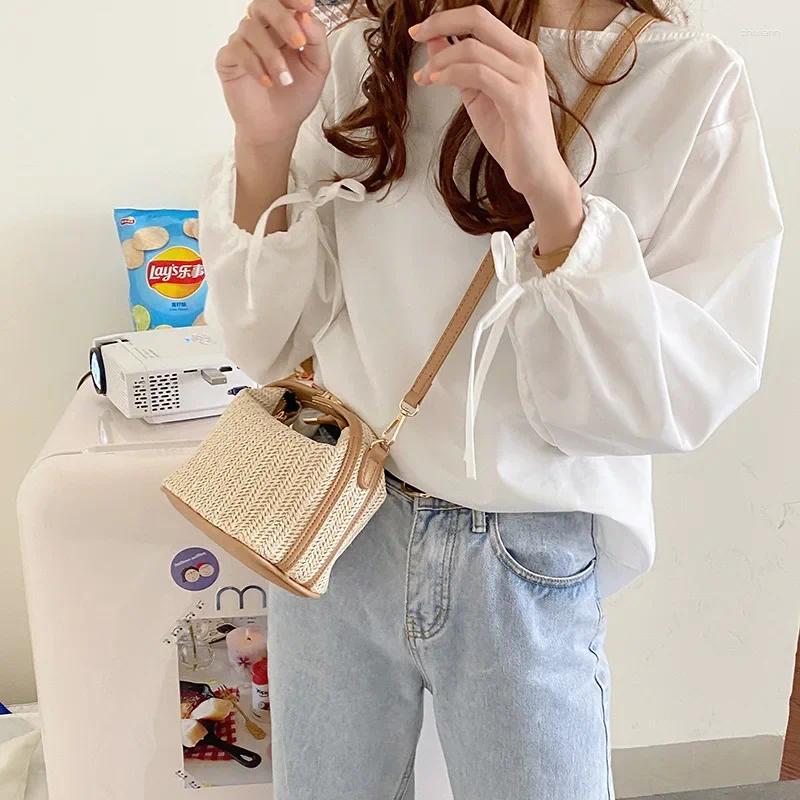 Free Shipping Shoulder Bags Straw Crossbody Bag For Women Fashion Bohemian Small Knitting Summer Purse And Handbag Ladies Casual Vacation Bucket Beach