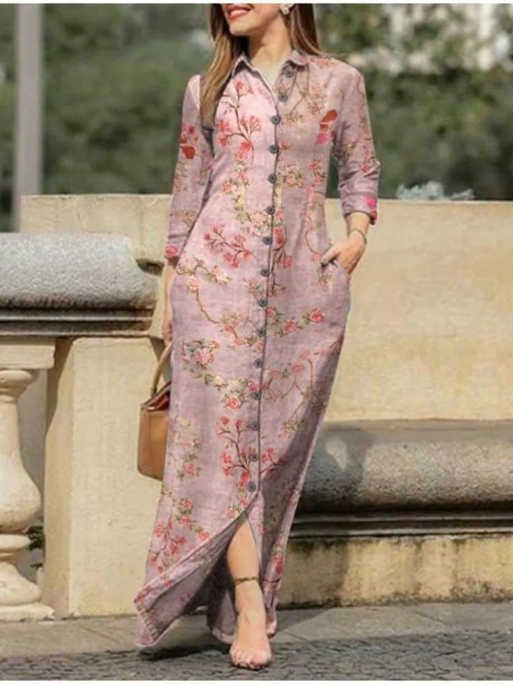 Vintage Flower Print Loose Shirt Dress Autumn Fashion Lapel Collar Button Women Casual Long Sleeve Pocket Maxi Dresses 240715