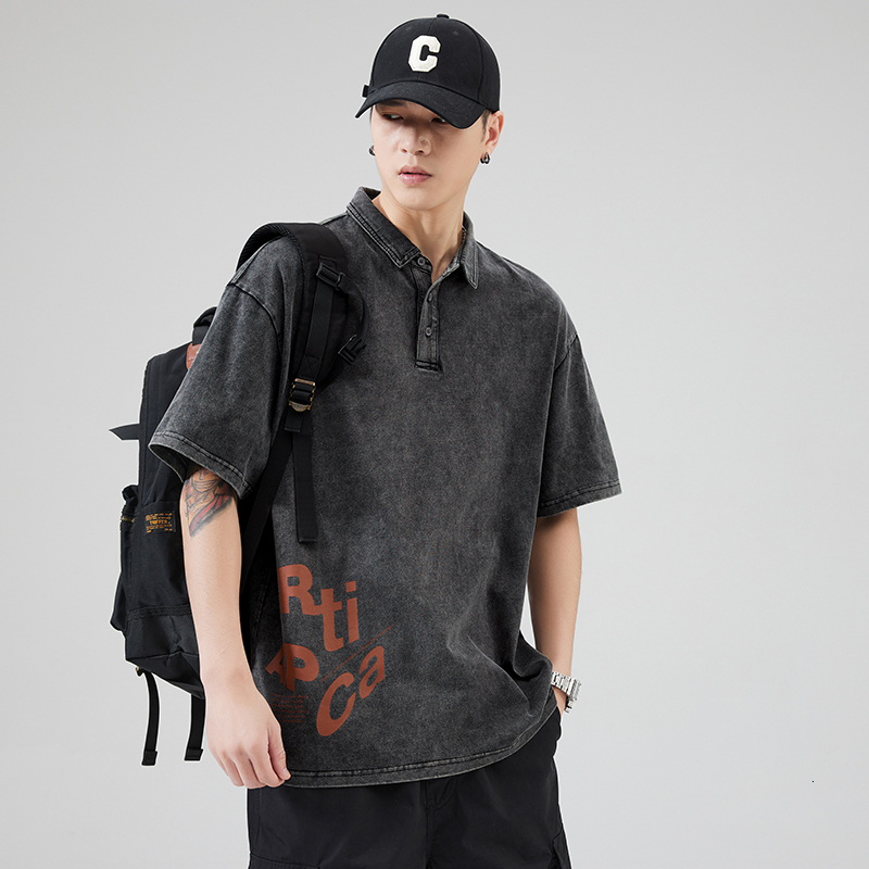 2023 Summer New Printed Short sleeved Shirt Trendy Brand Wash Pure Cotton Polo Collar T-shirt for Men