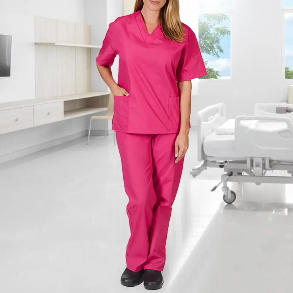 Nurse Outfit Professional V-neck Nurse Uniform Set for Salon Spa Pet Grooming Solid Color Short Sleeve Tops Pants for Work 240715