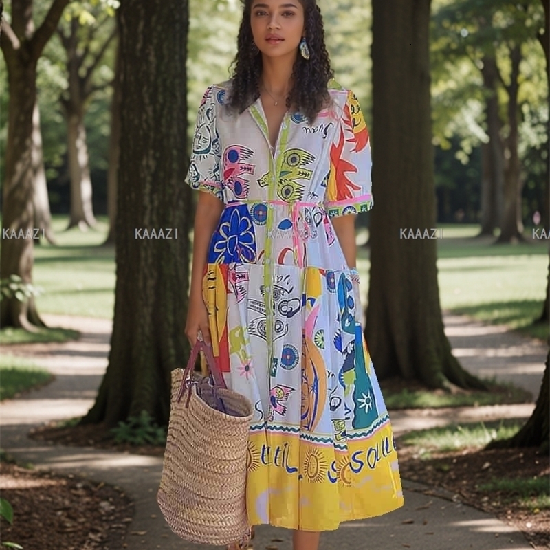 Polo Neck Short Sleeve Maxi Dress Vintage Print Fashion Long Dresses Women Casual Female Elegant Robe Vestido Holiday Boho 240703