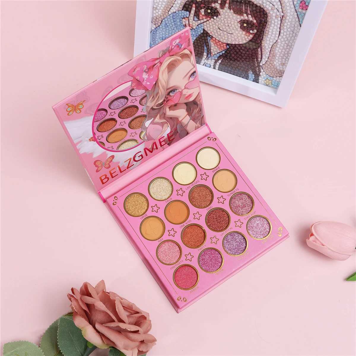 BELZGMEE 16 Colors Portable Matte Eyeshadow Palette Book with Mirror Glitter Shimmer Blush Professional Makeup for Face Eyes M250121