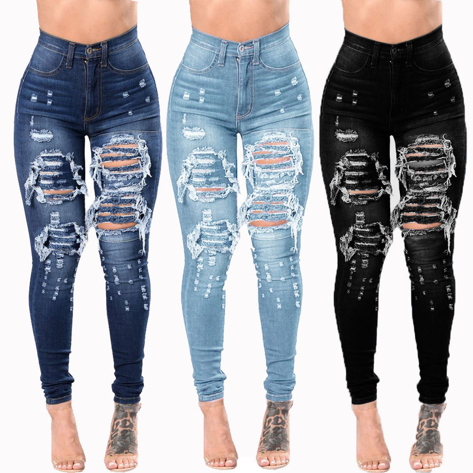 Women Fashion Hip Hop Broken Holes Denim High Waist Ripped skinny Jeans Pencil Pants