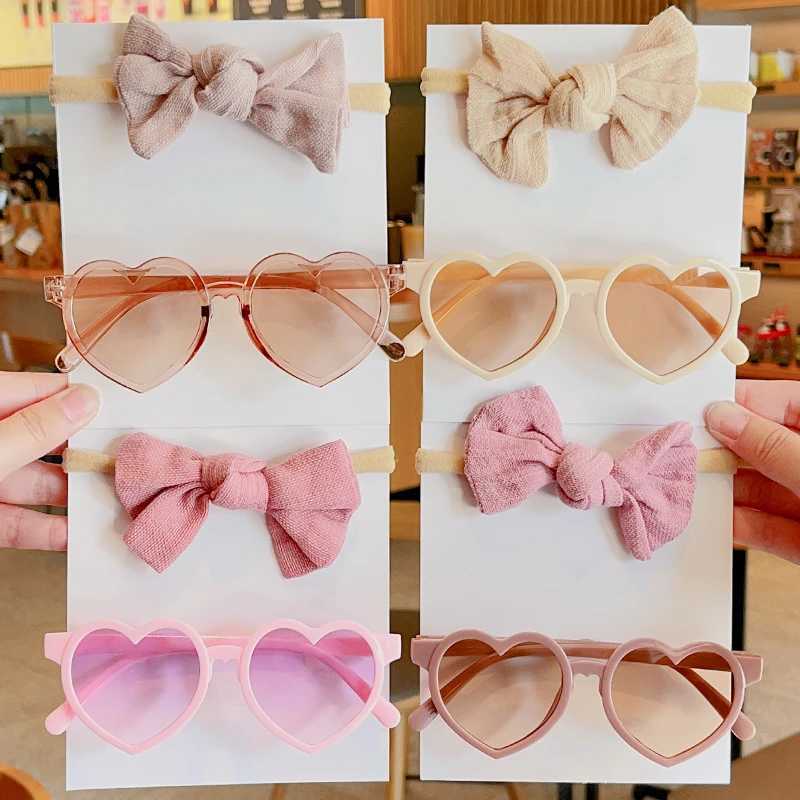 Sunglasses 2 Pcs/Set New Girls Lovely Solid Color Cotton Bowknot Hairband Heart Shape Outdoor Acrylic Sunglasses Set Kids Hair Accessories