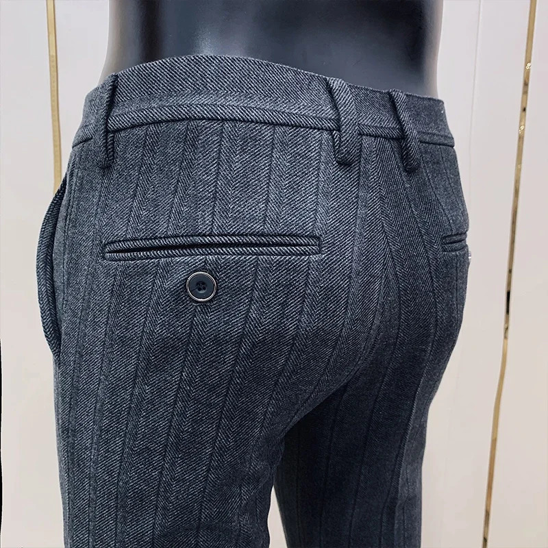 Men Striped Woolen Suit Pants Autumn Winter Casual Trousers Thicken Keep Warm Pantalones Hombre Slim Fit Dress Pants Men 240708