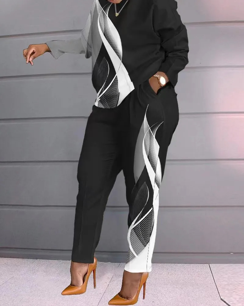 2 Piece Sets Womens Outfits Autumn Winter Print Long Sleeve Top Fashion Pants Set Casual Suits Streetwear Y2k Clothes 240715