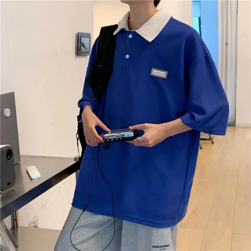 American polo sweater hoodie trendy high street loose and versatile short sleeved t-shirt for men, summer top lapel