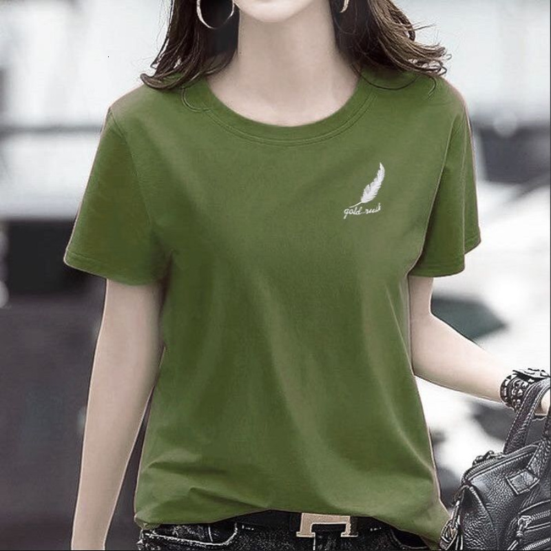 Women's feather printed cotton summer new round neck loose casual T-shirt fashion versatile women's short-sleeved shirt