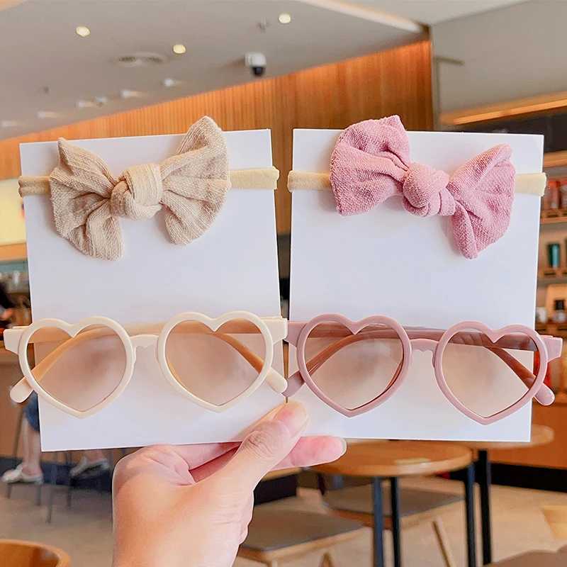 Sunglasses 2 Pcs/Set New Girls Lovely Solid Color Cotton Bowknot Hairband Heart Shape Outdoor Acrylic Sunglasses Set Kids Hair Accessories