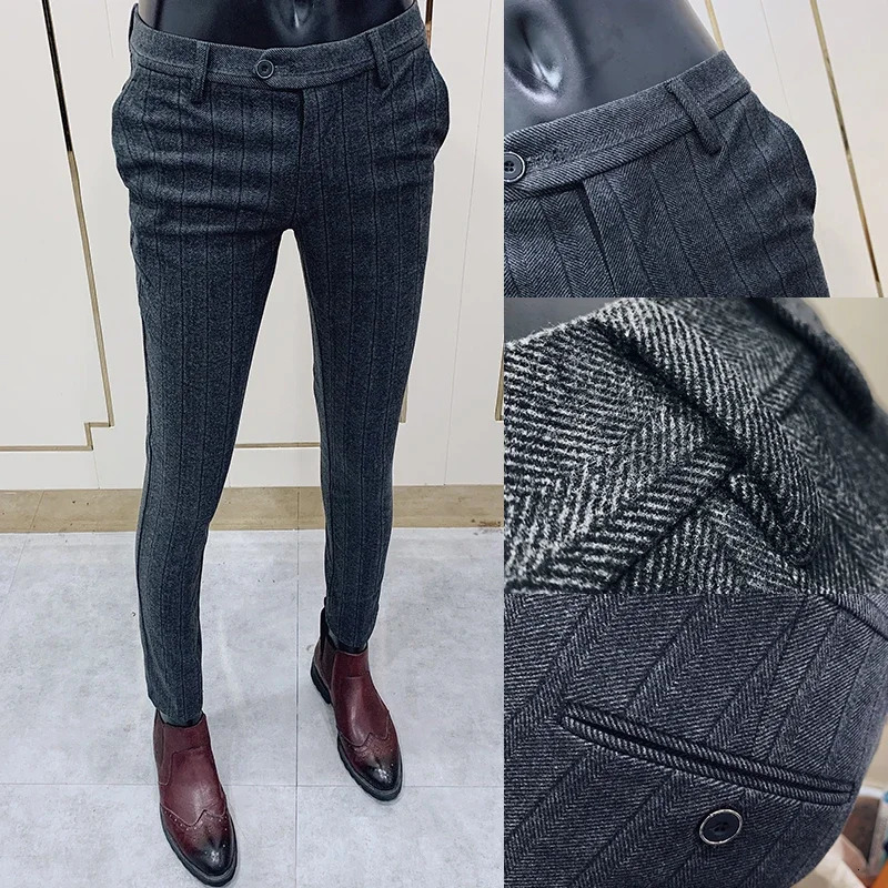 Men Striped Woolen Suit Pants Autumn Winter Casual Trousers Thicken Keep Warm Pantalones Hombre Slim Fit Dress Pants Men 240708