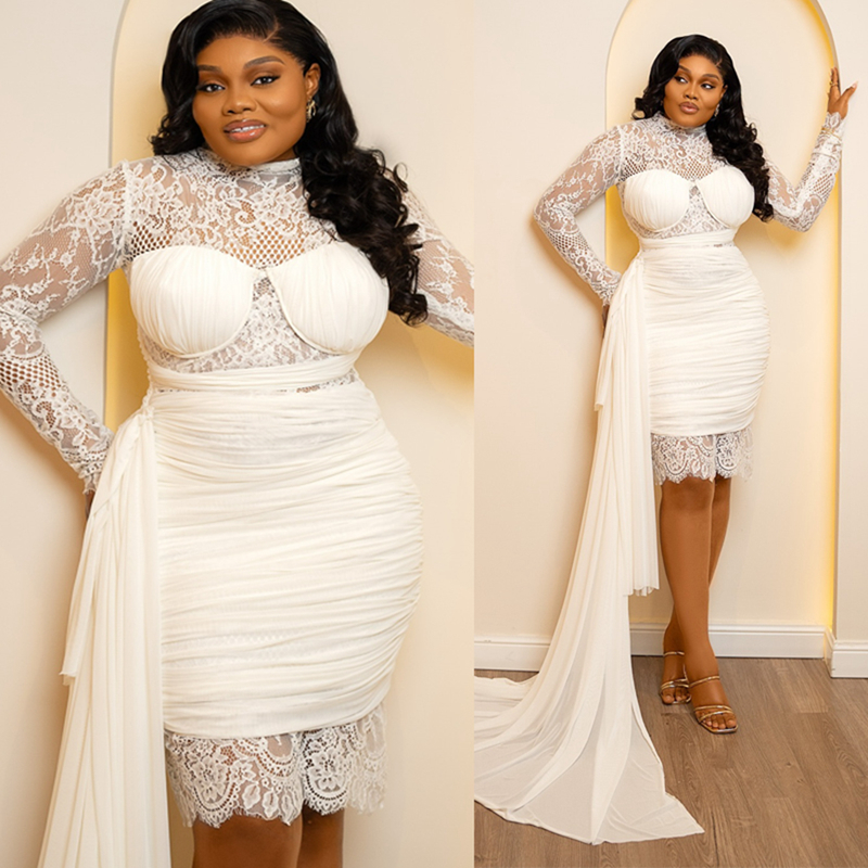 2024 Ivory Short Wedding Dresses Mermaid Wedding Dresses Bridal Gowns Plus Size Illusion High Neck Long Sleeves Beaded Lace Wedding Gown for African B