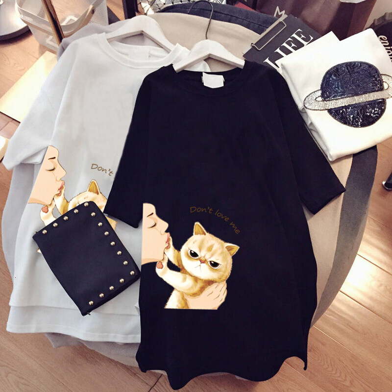 kkli Women's Summer Blouse Cute Cat Short-Sleeve T-Shirt Fashion Round Neck Dress Student Tees / Clothes