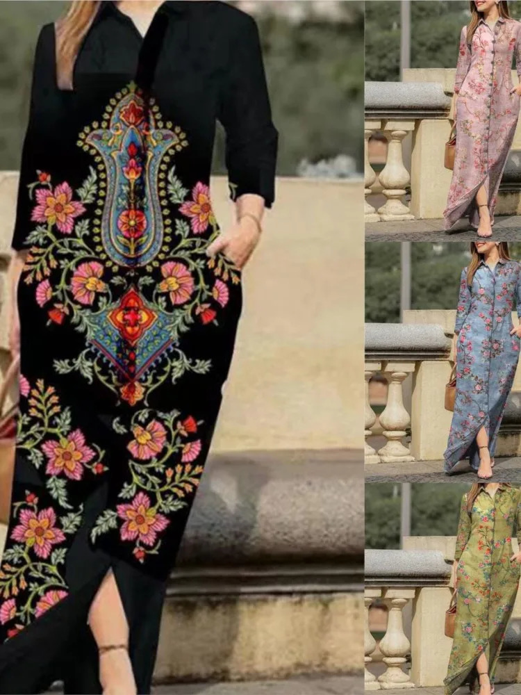 Vintage Flower Print Loose Shirt Dress Autumn Fashion Lapel Collar Button Women Casual Long Sleeve Pocket Maxi Dresses 240715