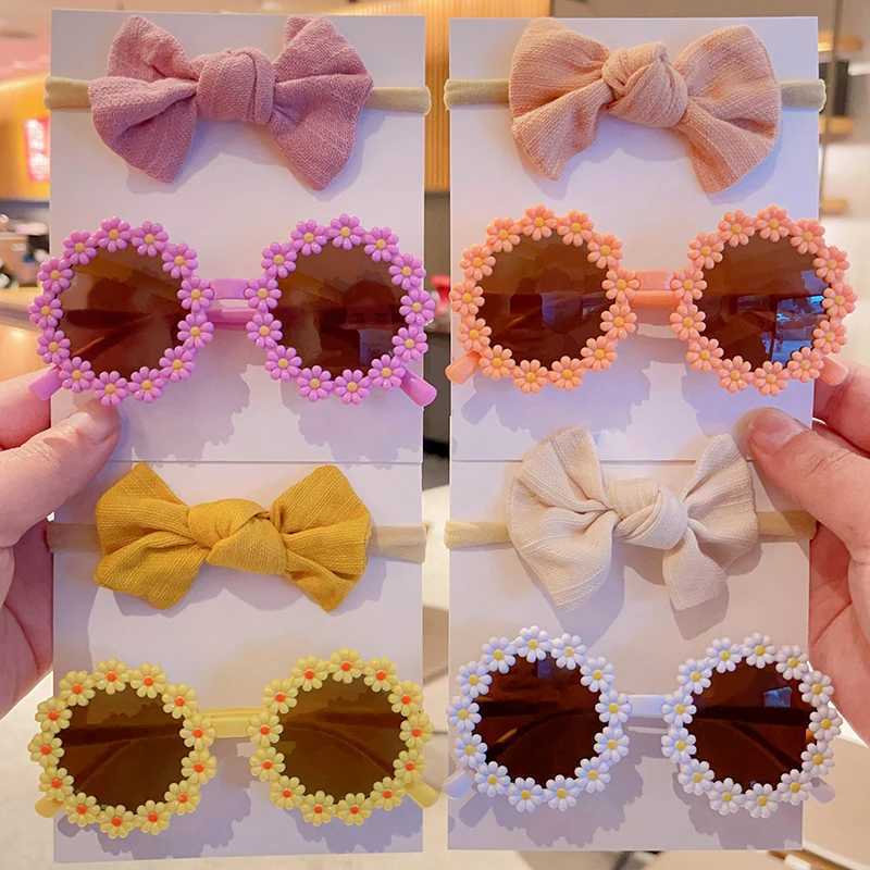 Sunglasses 2Pcs/Set New Children Cute Fashion Acrylic Daisy Sunglasses UV400 Colors Lovely Soft Bowknot Headbands Set Kids Hair Accessories