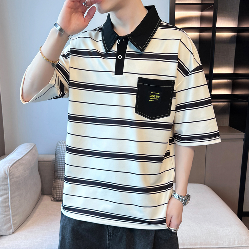 Striped POLO shirt 2024 summer Korean loose fitting clothing, trendy student short sleeved T-shirt for men's clothing