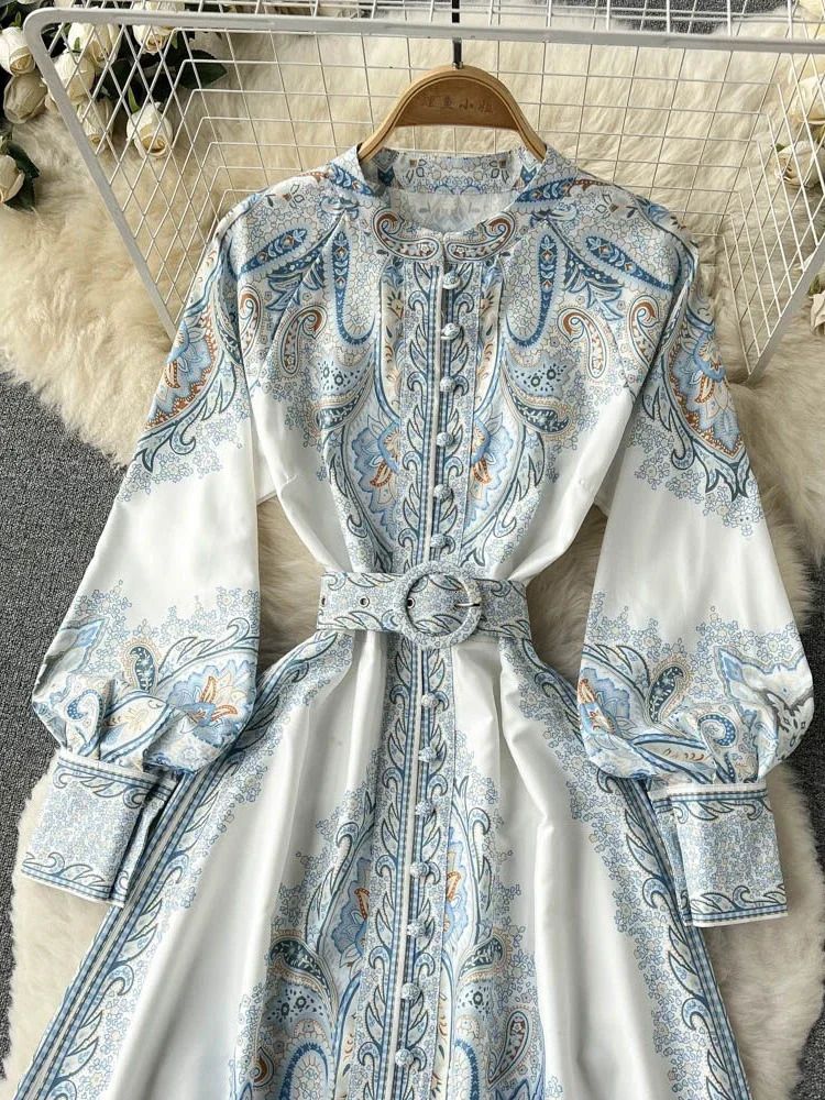 Women Vintage Party Dress Fashion Long Sleeve Single Breasted Stand Collar Elegant Printed Dresses Spring Autumn Robe 240715
