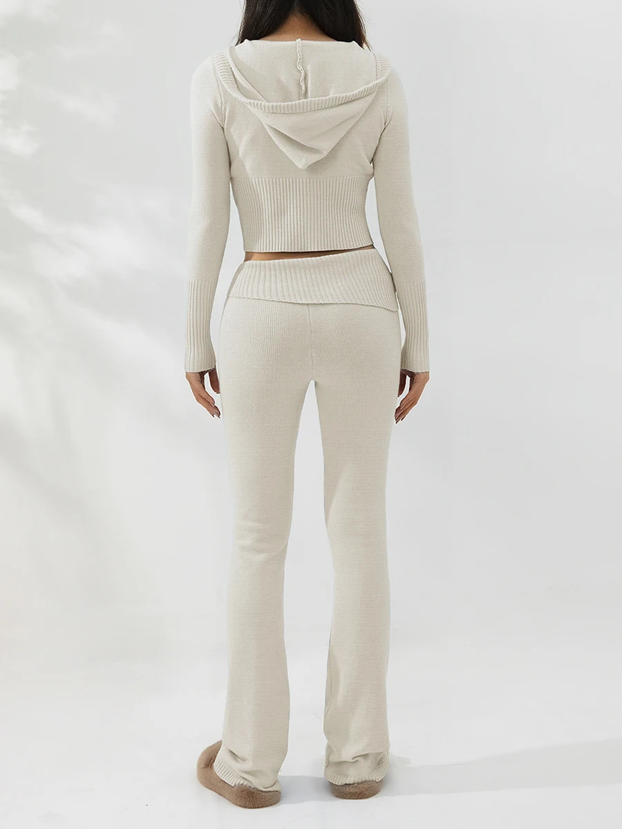 Women Cozy Ribbed Knit Lounge Set Long Sleeve Zip Up Hoodie with High Waist Wide Leg Pant 2 Piece Loungewear Ensemble Casual 240712