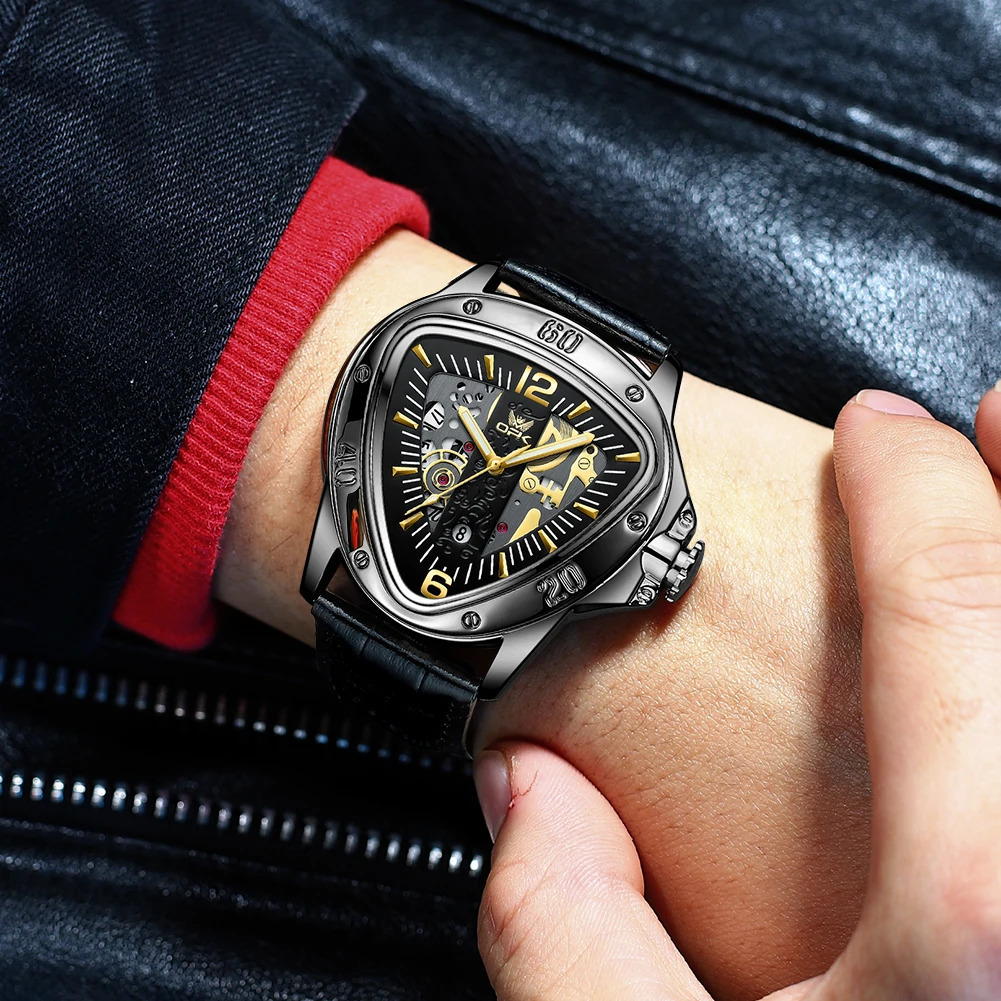 OPK Trend Fashion Mens Watches Triangle Dial Original Quartz Wristwatch Waterproof Leather Strap Luminous Date Watch for Man 240709