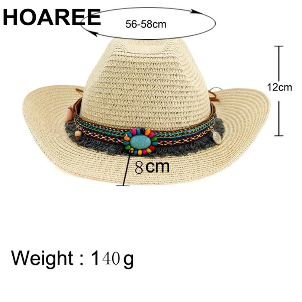 HOAREE Cowgirl Cowboy-Hat Sombreros Western Cap Wome -Straw Jazz Ethnic Style Beige Summer Beach Straw Sun Hats 240713