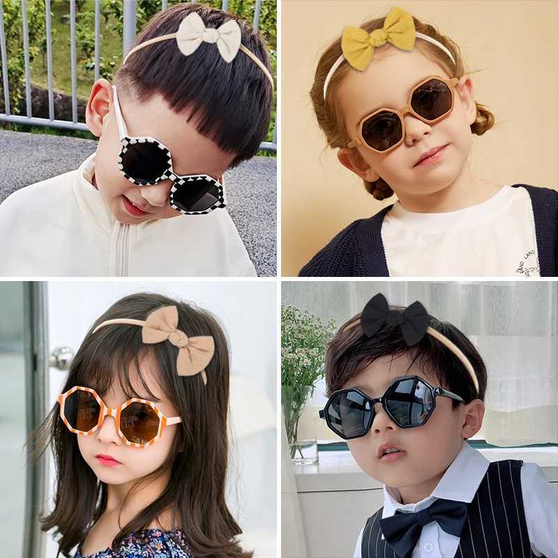 Sunglasses 2 Pcs/Set New Girls Cute Solid Color Bowknot Hairband Summer Striped Irregular Polygon UV400 Sunglasses Kids Hair Accessories