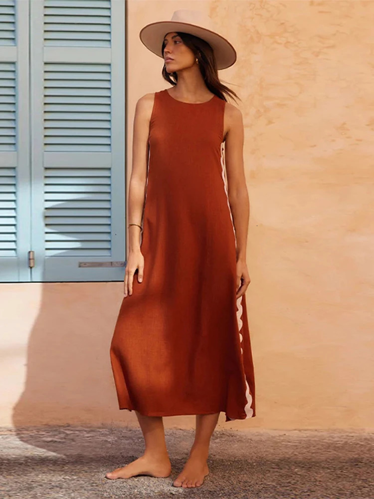 Elegant O-neck Wave Maxi Dress Women Fashion Sleeveless Solid Vacation Beach Dresses Summer Female Casual Loose Street Robes 240708