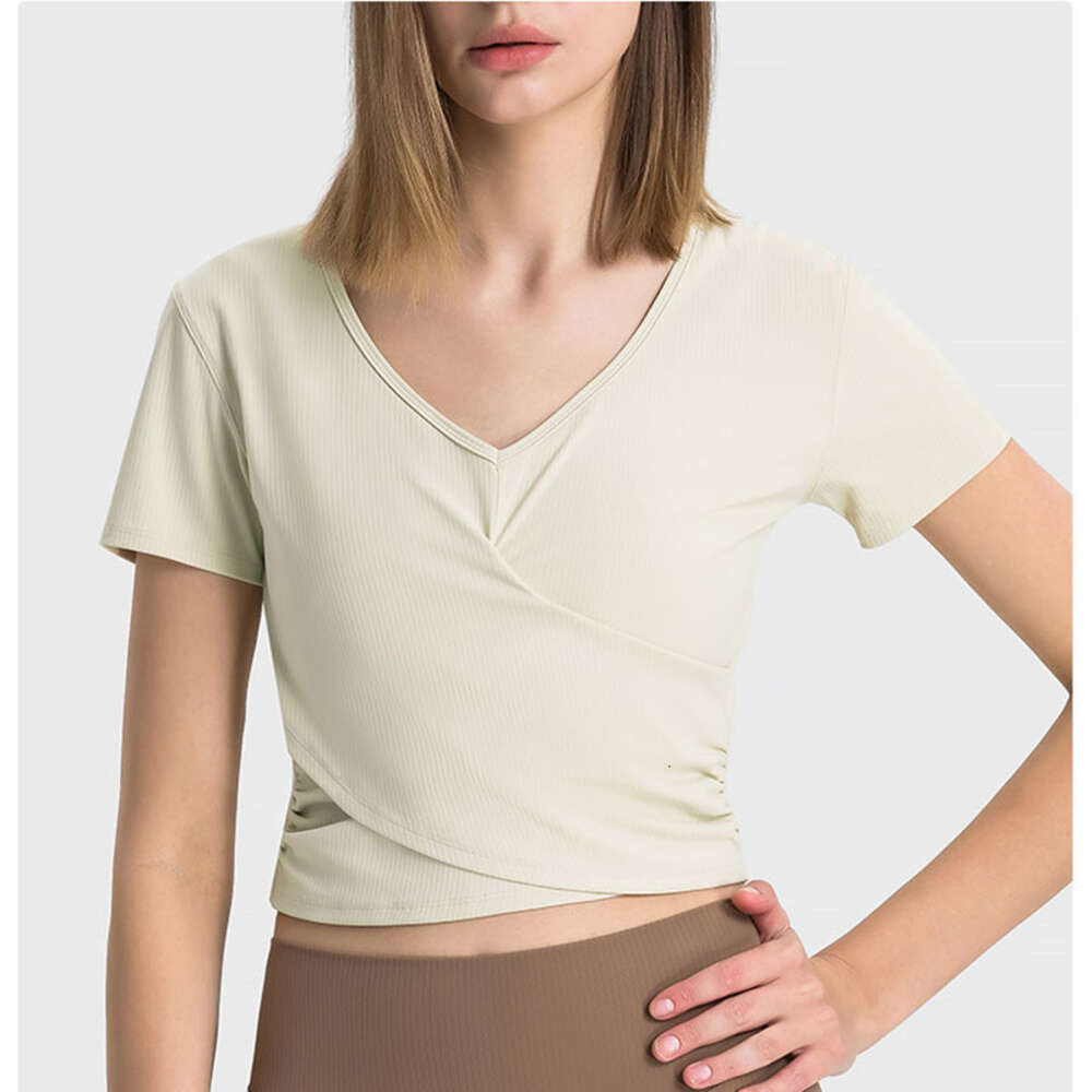 2025--Ribbed Women Fitness Sports Top Yoga Outfits Short Sleeve Gym Clothing Quick Dry Run Train Slim Shirts Casual V-Neck Workout T-Shirts