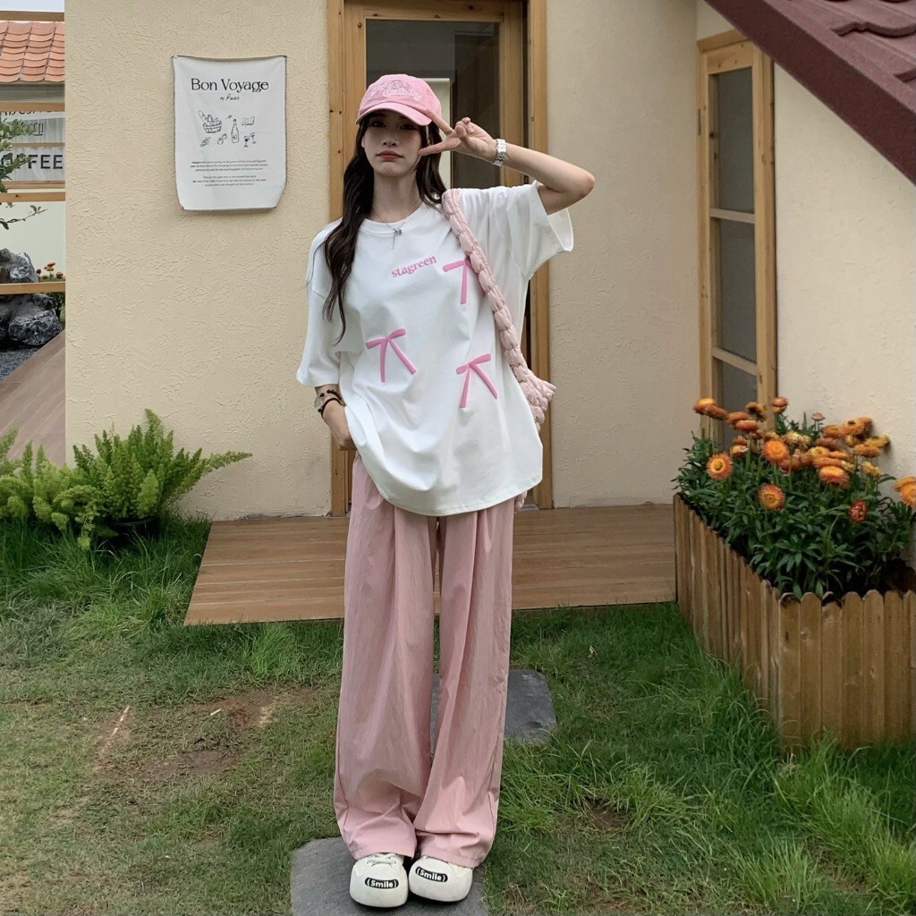 Designer sexy women's T-shirt pink bow short sleeved casual slim fit T-shirt women's full top