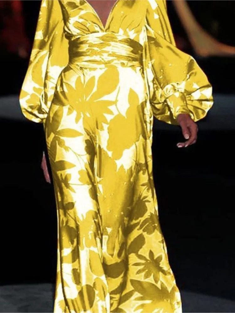 Printed Dress For Women Vneck Sexy High Waist Lantern Sleeve Ladies Fashionable Vestidos Autumn Long Evening Dresses 240715