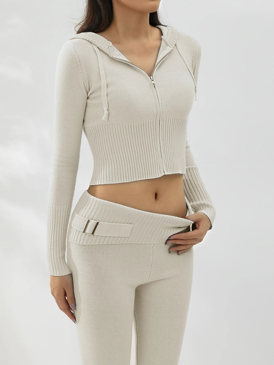 Women Cozy Ribbed Knit Lounge Set Long Sleeve Zip Up Hoodie with High Waist Wide Leg Pant 2 Piece Loungewear Ensemble Casual 240712