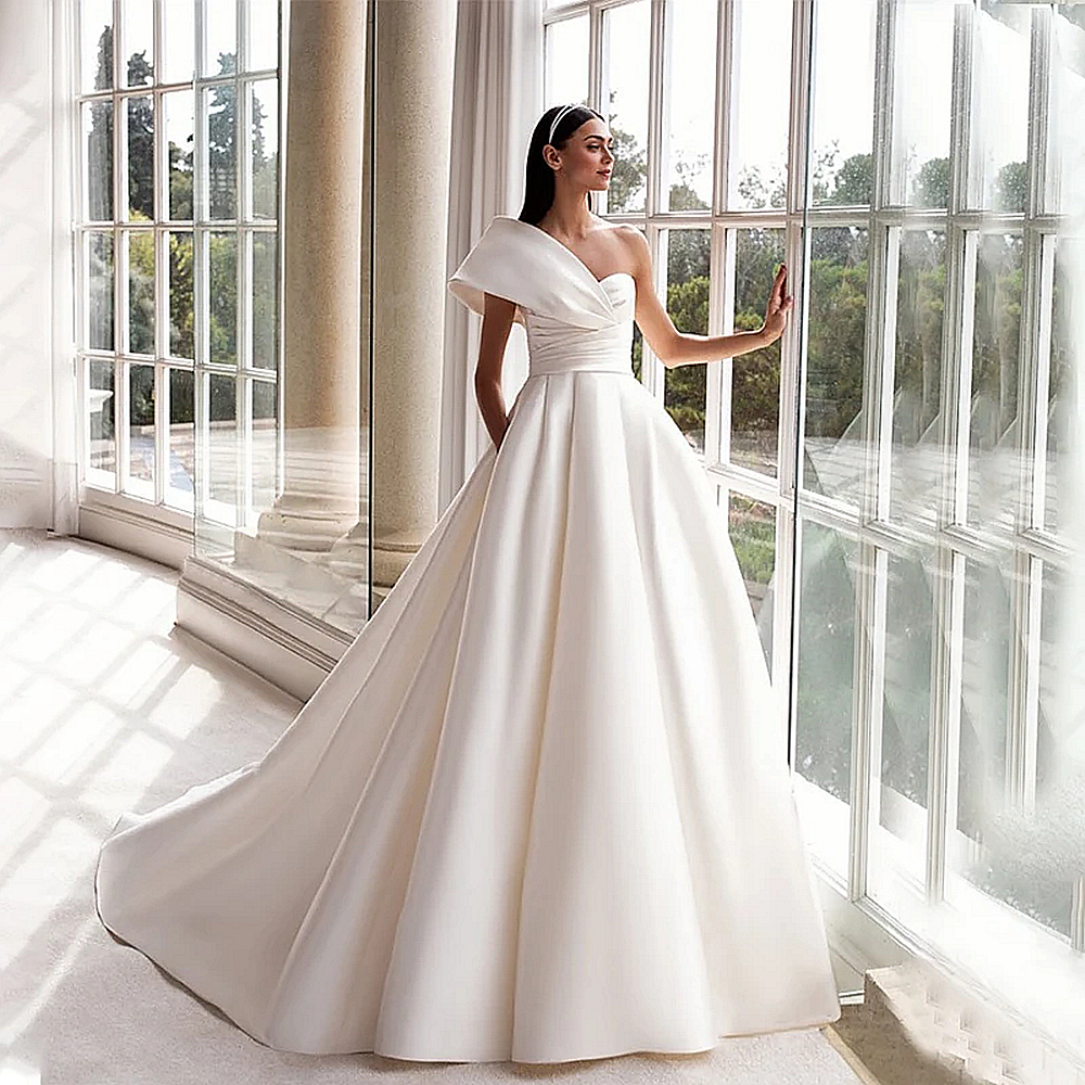 Satin One Shoulder Modern A-E Wedding Dresses Or-Length Court Train Backless Princess Bridal Gown Back Buttons Simple Ivory Vestido De Novia 2024