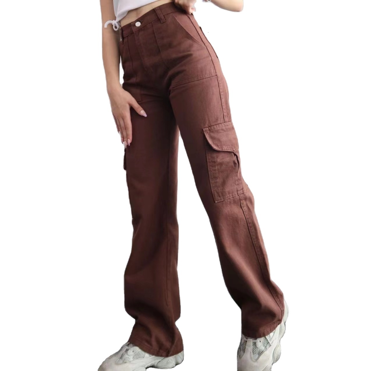 New High Waist Slim Women Denim cargo Custom cotton made Jean Pants Designer Women's baggy solid color dyed