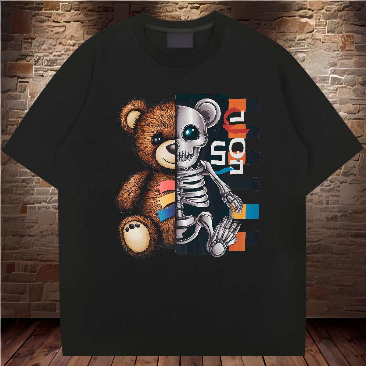 Loose Fit T Shirt For Man bear 230g Cotton Street wear Hip Hop Short Sleeve Cotton O-Neck Men Clothes T-Shirt 2024 Plus Size Cartoon Tees