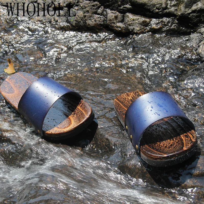 WHOHOLL Geta Man's Summer Slippers Non-slip Beach Slippers Mens Wooden Cool Deodorization Wooden Clogs Outdoor 240708