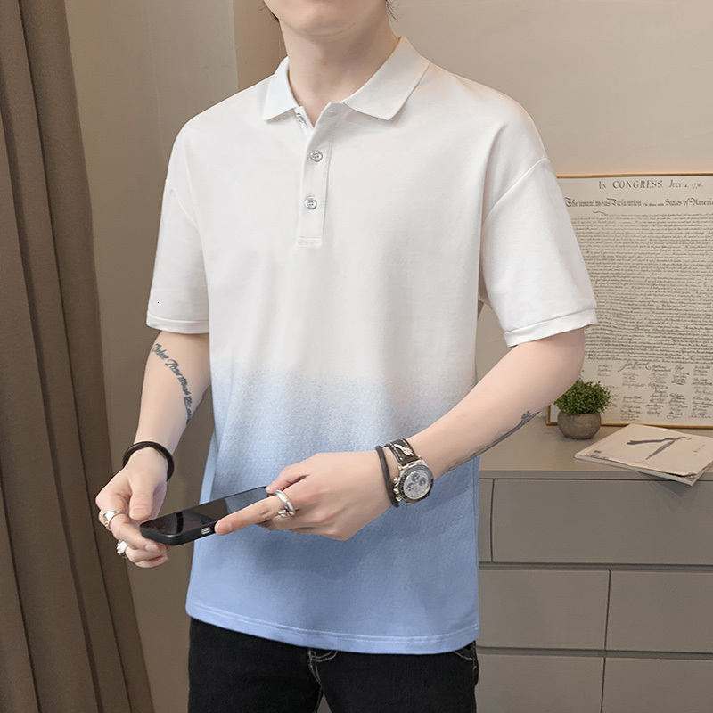 Gradient color short polo shirt, summer loose fitting, lapel T-shirt, men's half sleeved T-shirt trend