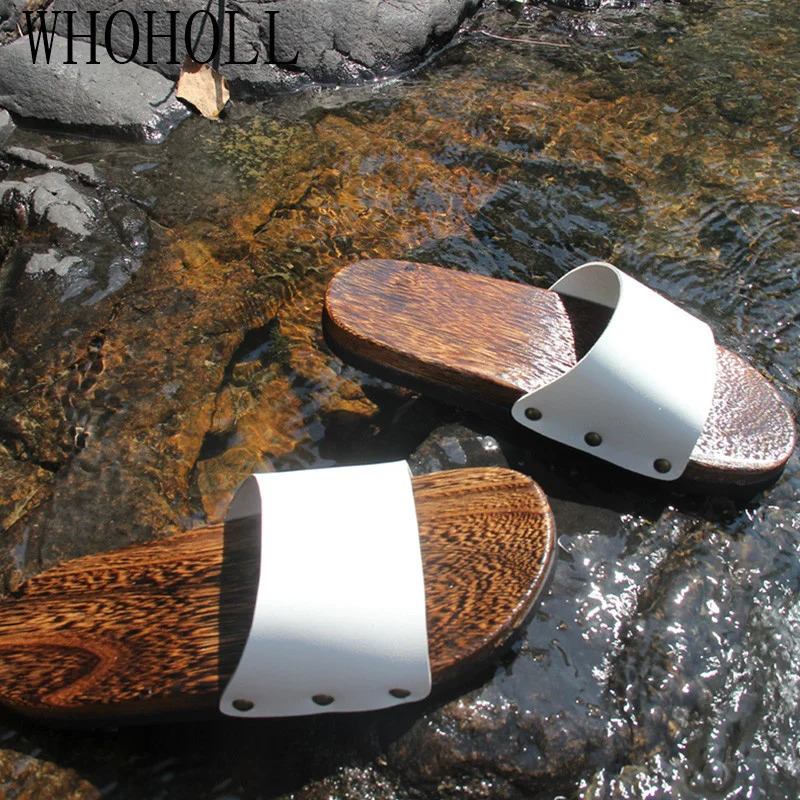 WHOHOLL Geta Man's Summer Slippers Non-slip Beach Slippers Mens Wooden Cool Deodorization Wooden Clogs Outdoor 240708
