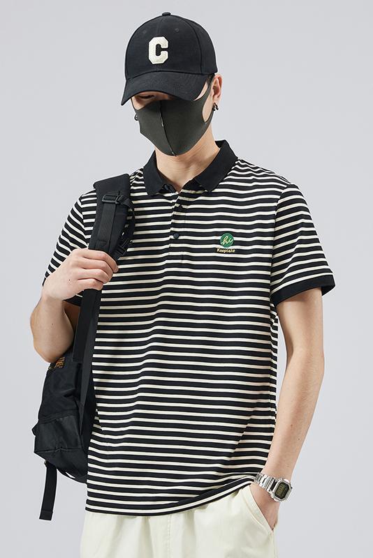 2023 Summer New Striped Shirt Pure Cotton Elastic Polo Collar Short Sleeve T-shirt Fashion Quality Men's Wear