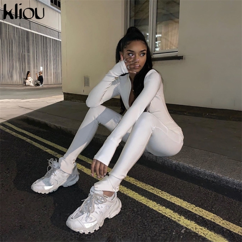 Kliou Solid Black/White Bodycon Jumpsuit Women Sporty Rompers Summer Fitness Long Sleeve Zipper Elastic One Piece 240703