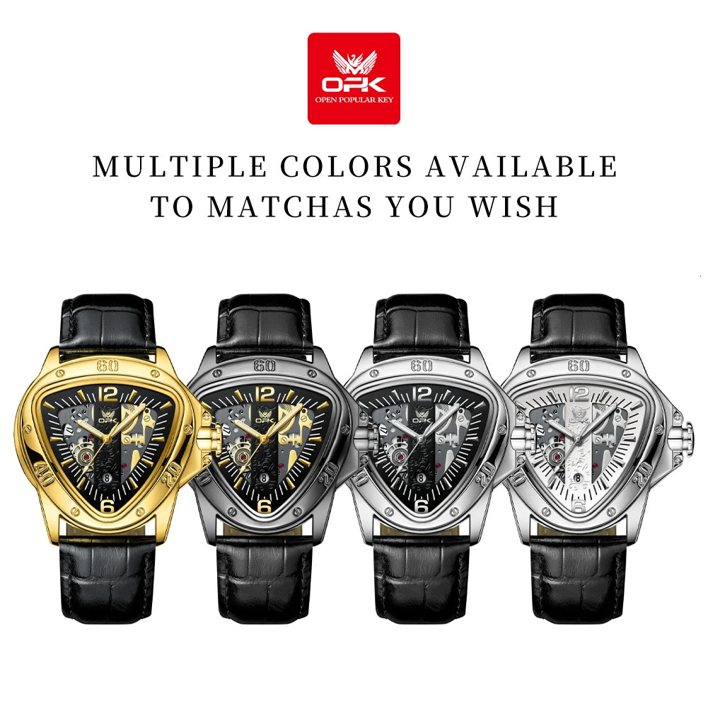 OPK Trend Fashion Mens Watches Triangle Dial Original Quartz Wristwatch Waterproof Leather Strap Luminous Date Watch for Man 240709