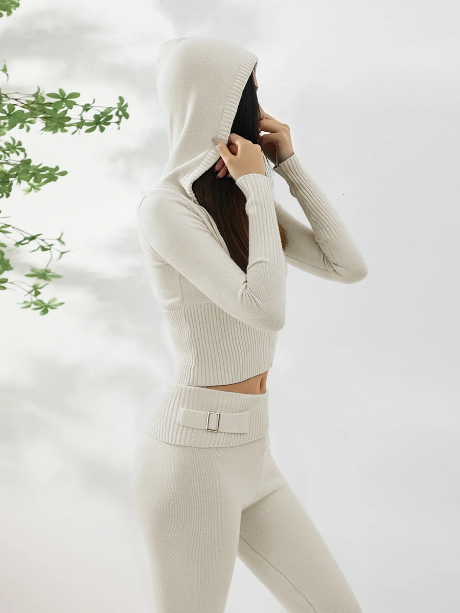 Women Cozy Ribbed Knit Lounge Set Long Sleeve Zip Up Hoodie with High Waist Wide Leg Pant 2 Piece Loungewear Ensemble Casual 240712