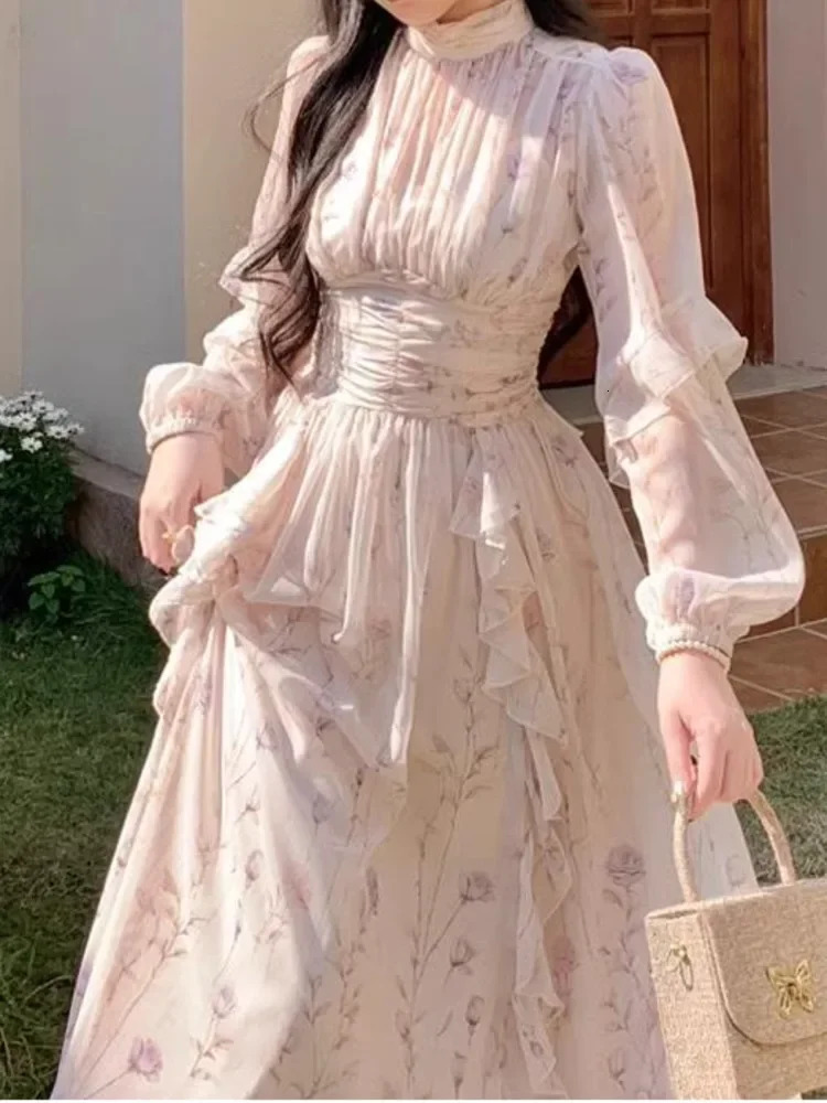 French Vintage Floral Print Chiffon Midi Dresses For Women Ruffles Patchwork High Waist Fairy Office Ladies Elegant Robe 240712