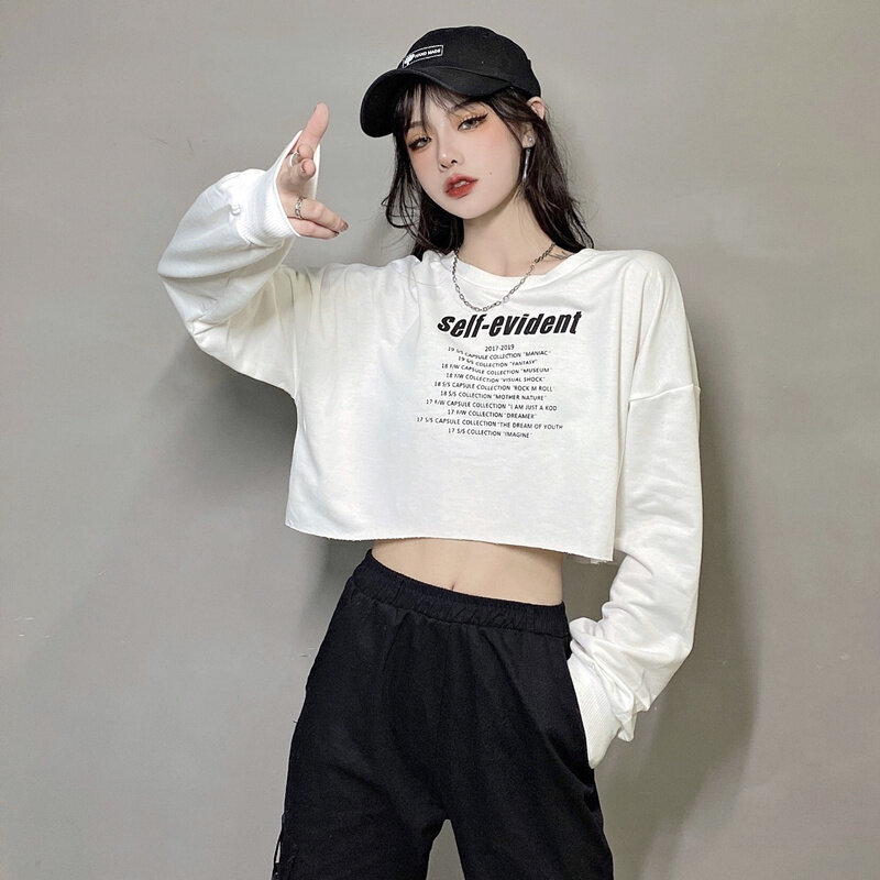 Women's Crop Top High Waisted Jazz Street Hip Hop Tee Fashion Letters Floating Waist Long Sleeve T-shirt Oversized Korean Teenage Clothes