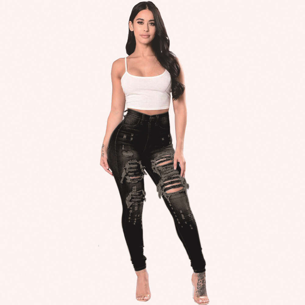 Women Fashion Hip Hop Broken Holes Denim High Waist Ripped skinny Jeans Pencil Pants