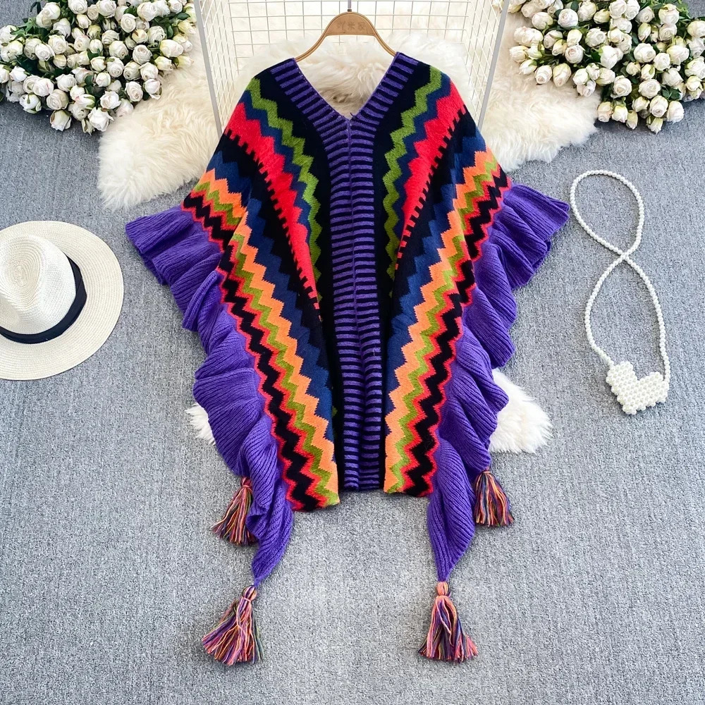 Ethnic Style Knitted Cardigan Women Ruffles Striped Tassel Female Sweaters Ladies Bohemia Holiday Autumn Cardigans Drop 240712