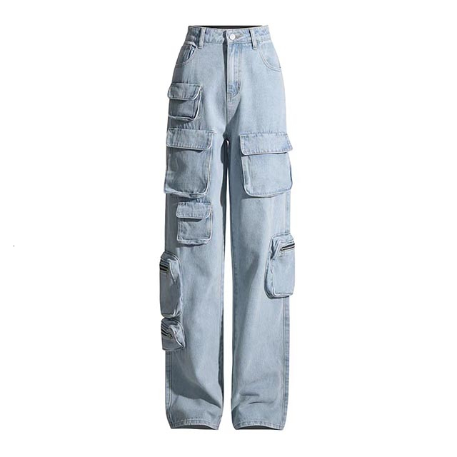New Arrival custom Wholesale clothing stretchy denim jean women's jeans cargo multi pockets distressed baggy pants