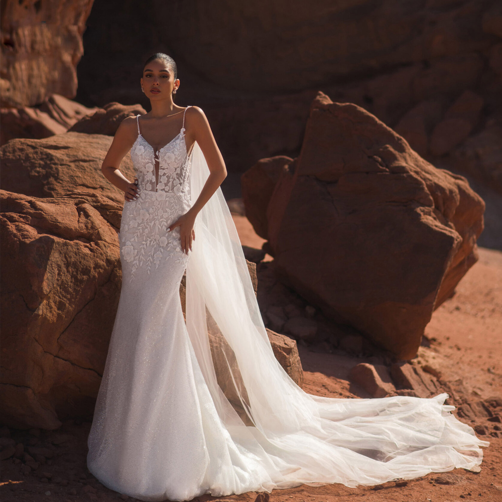 Strap Vintage Spaghetti Glitter Wedding Dresses Mermaid Lace Gown Beaded Backless Cloak Tulle Bridal Robe De Mariee