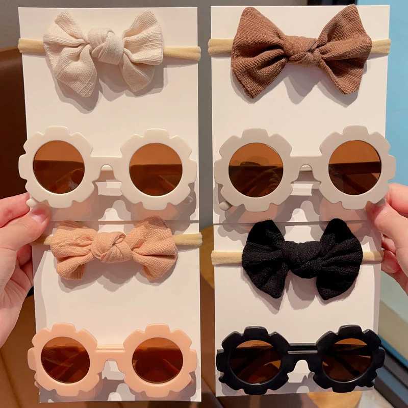 Sunglasses 2Pcs/Set Boys Girls Fashion Square Edged Sunflower Sunglasses UV400 Colors Cute Soft Bowknot Headbands Set Kids Hair Accessories