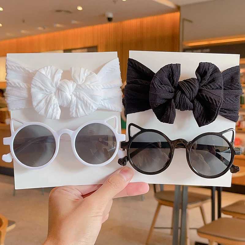 Sunglasses 2 Pcs/Set New Children Cute Colorful Soft Bowknot Wide Hairbands Cat Ears Sunglasses Boys Girls Headwear Kids Hair Accessories