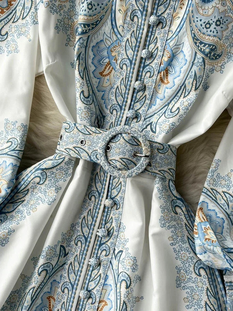 Women Vintage Party Dress Fashion Long Sleeve Single Breasted Stand Collar Elegant Printed Dresses Spring Autumn Robe 240715