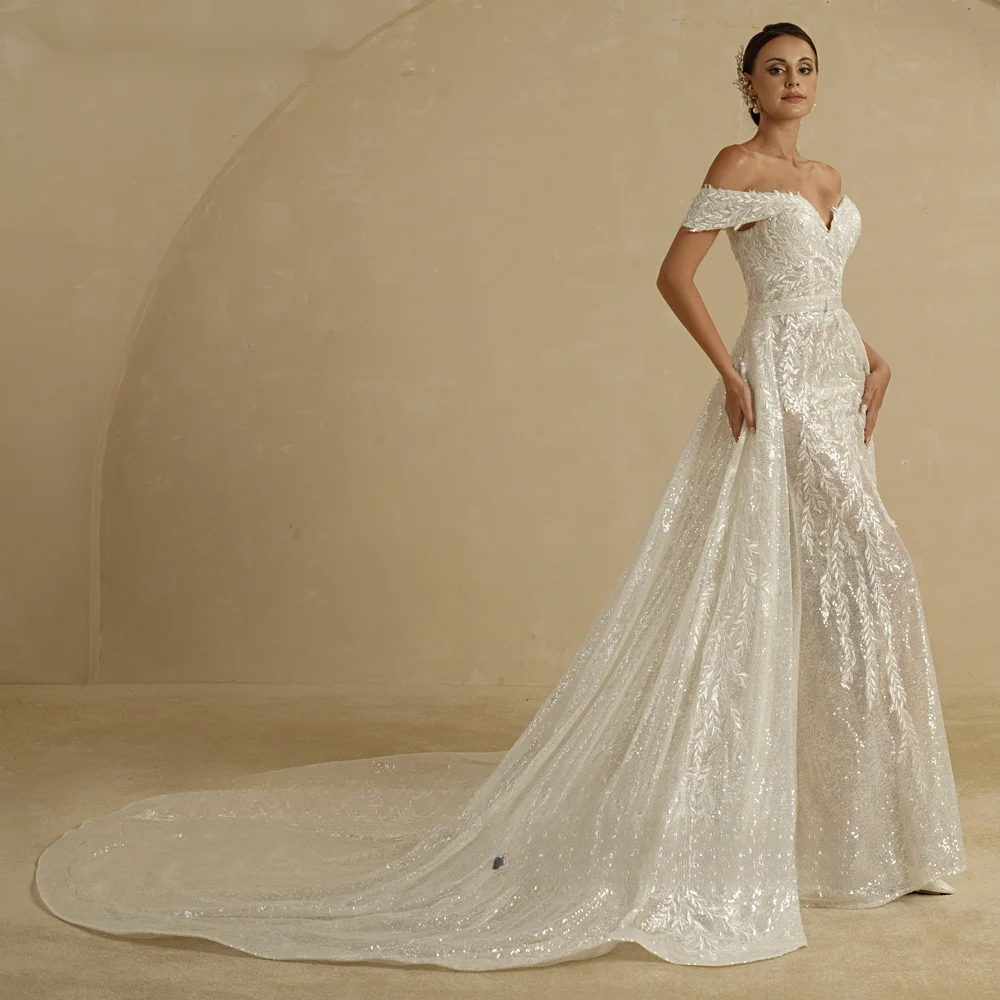 BEPEITHY Ivory Sequins Mermaid Wedding Dresses For Women 2 In 1 Detachable Train Lace Bridal Gown Beach Vestido Novia